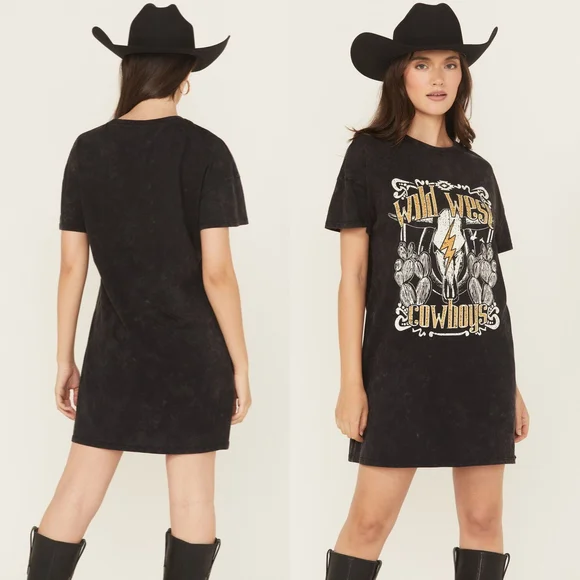 ↠ Boot Barn Rock & Roll Denim Vintage Black Wild West Graphic Mini Tee Dress - Picture 2 of 4